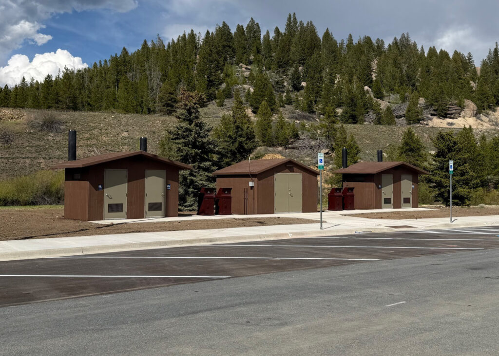 Precast concrete restroom building set in place at the Homestake Pass rest area on I-90, Montana