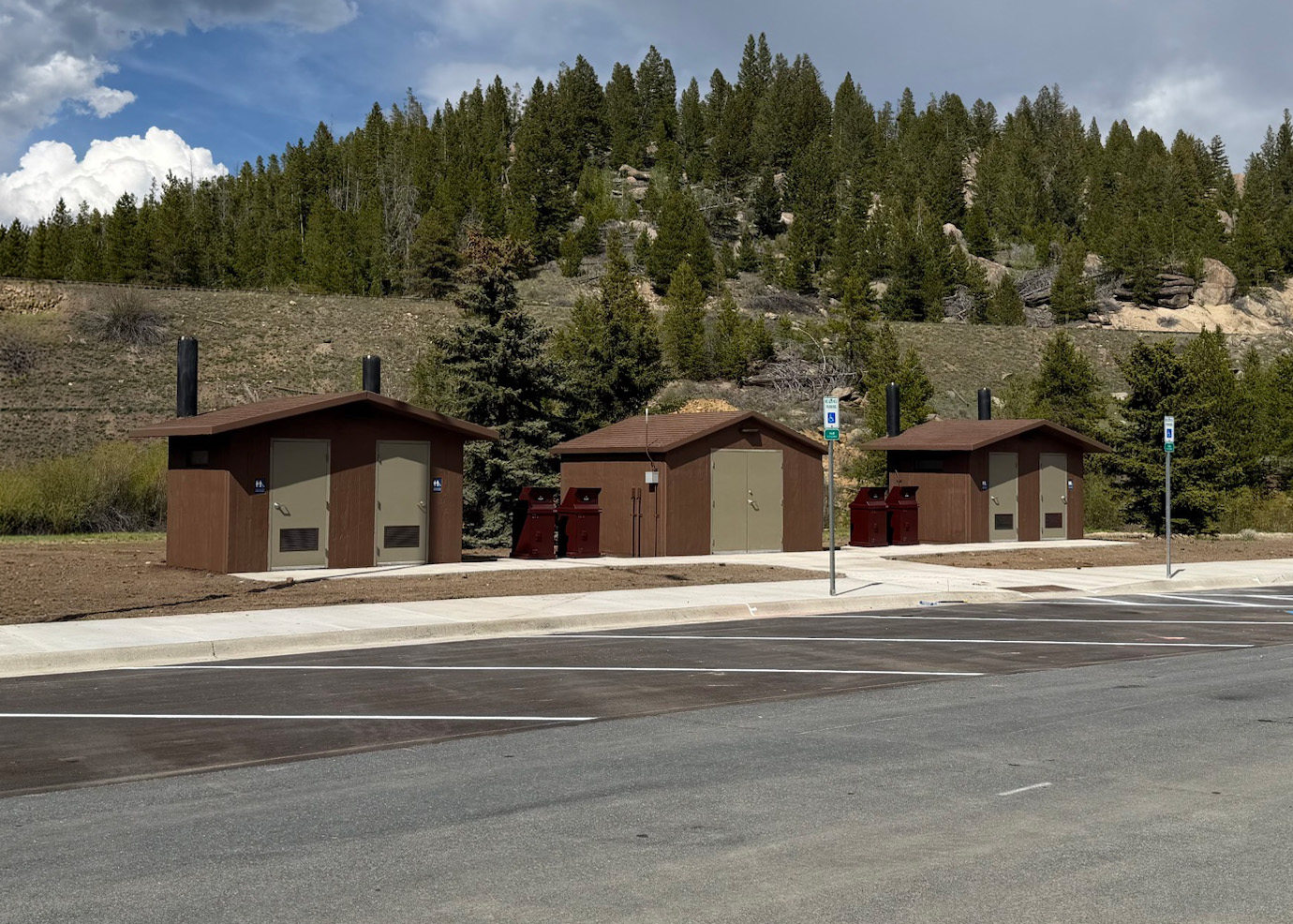 Precast concrete restroom building set in place at the Homestake Pass rest area on I-90, Montana